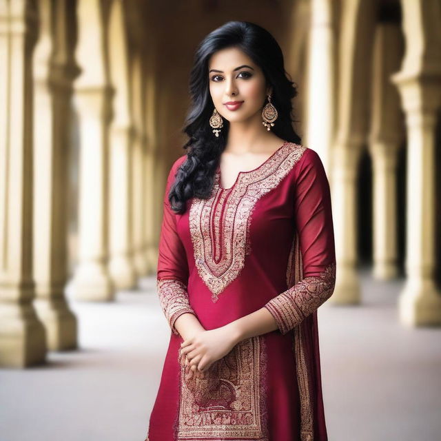 An attractive Indian woman wearing a traditional salwar kameez, confidently showing her legs