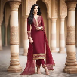 An attractive Indian woman wearing a traditional salwar kameez, confidently showing her legs