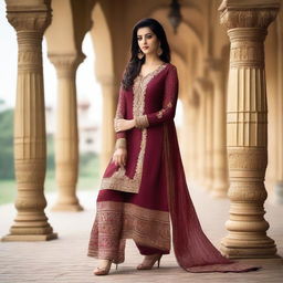 An attractive Indian woman wearing a traditional salwar kameez, confidently showing her legs