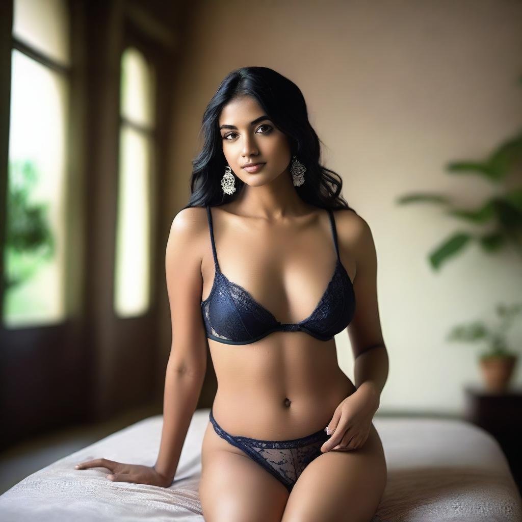 A young Indian woman in her 20s is posing confidently in elegant lingerie