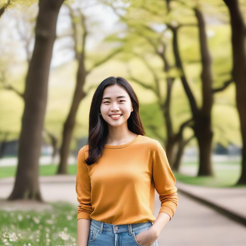 A cheerful and friendly young woman with a warm smile, standing in a scenic park with blooming flowers and tall trees