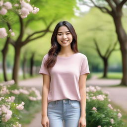 A cheerful and friendly young woman with a warm smile, standing in a scenic park with blooming flowers and tall trees