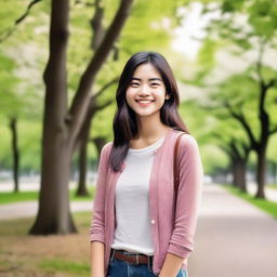 A cheerful and friendly young woman with a warm smile, standing in a scenic park with blooming flowers and tall trees