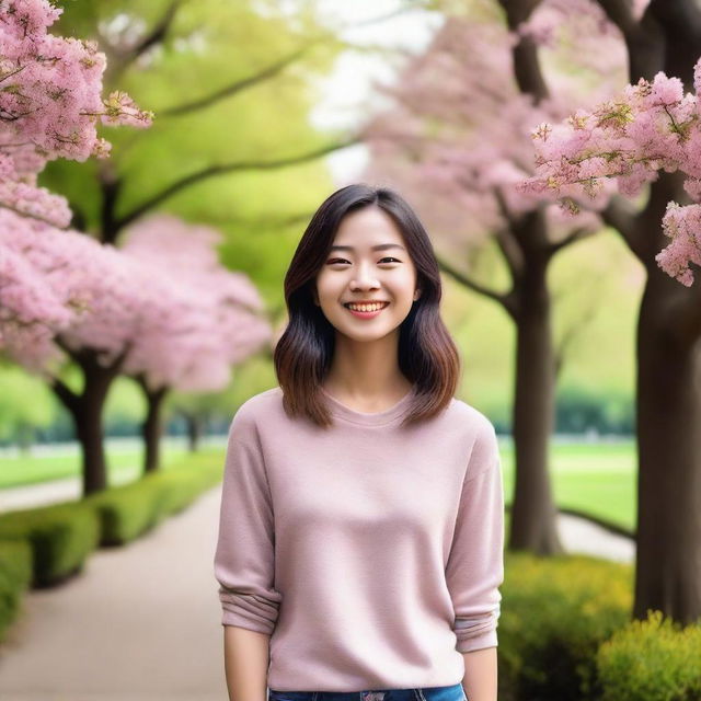 A cheerful and friendly young woman with a warm smile, standing in a scenic park with blooming flowers and tall trees