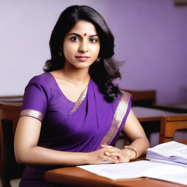 A 30-year-old Indian woman with brown skin, dressed as a teacher