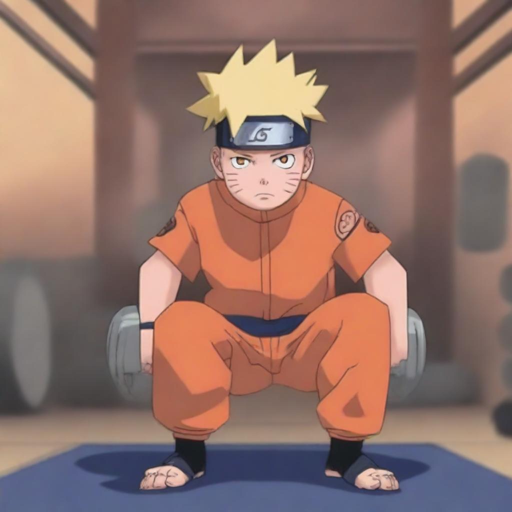 Naruto Uzumaki, the main character from the Naruto series, is lifting heavy weights in a gym setting