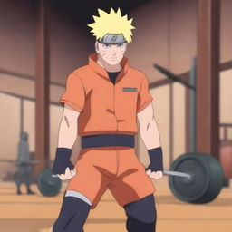 Naruto Uzumaki, the main character from the Naruto series, is lifting heavy weights in a gym setting