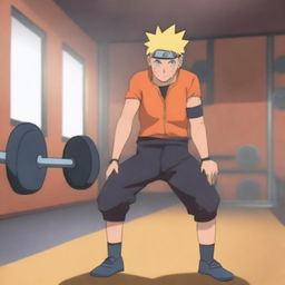 Naruto Uzumaki, the main character from the Naruto series, is lifting heavy weights in a gym setting