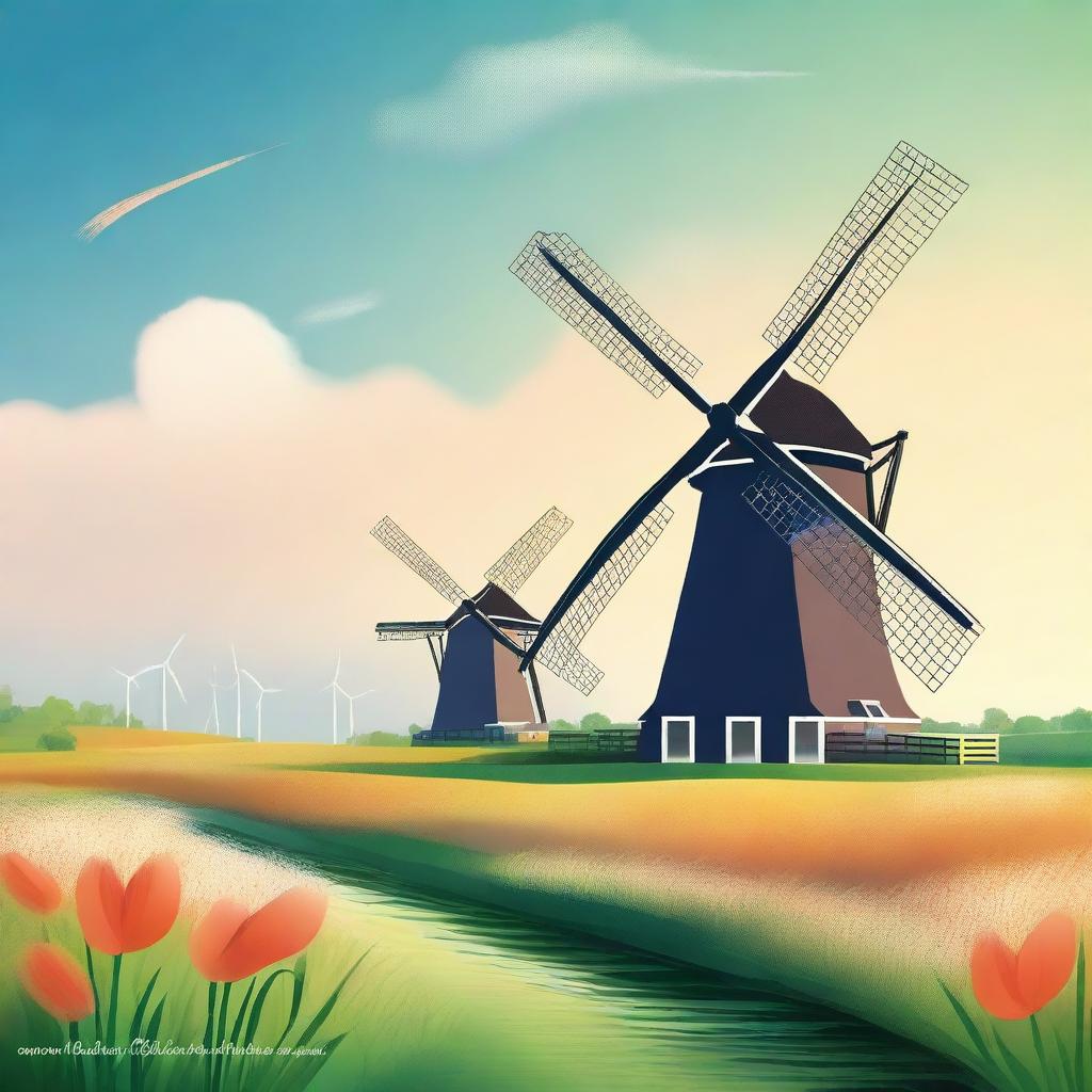 Create a cover for a Dutch grammar book featuring iconic Dutch windmills