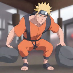 Naruto Uzumaki, the main character from the Naruto series, is lifting heavy weights in a gym setting