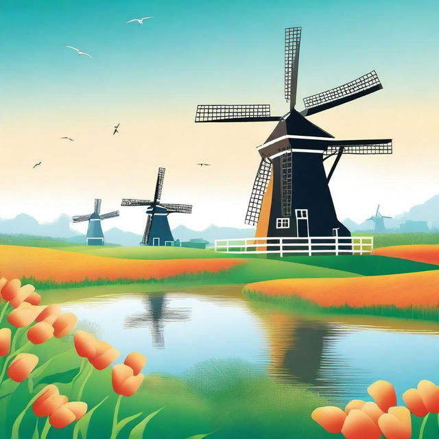 Create a cover for a Dutch grammar book featuring iconic Dutch windmills