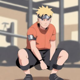 A detailed image of Naruto Uzumaki from the Naruto series lifting heavy weights in a gym