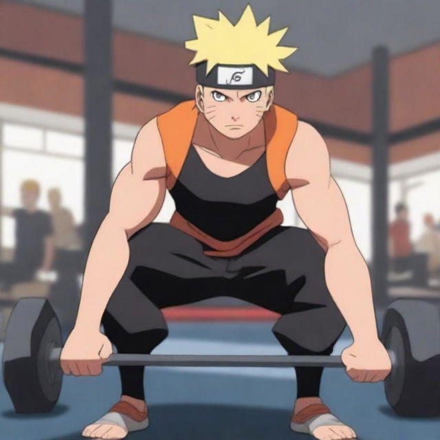 A detailed image of Naruto Uzumaki from the Naruto series lifting heavy weights in a gym