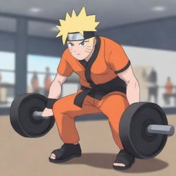 A detailed image of Naruto Uzumaki from the Naruto series lifting heavy weights in a gym