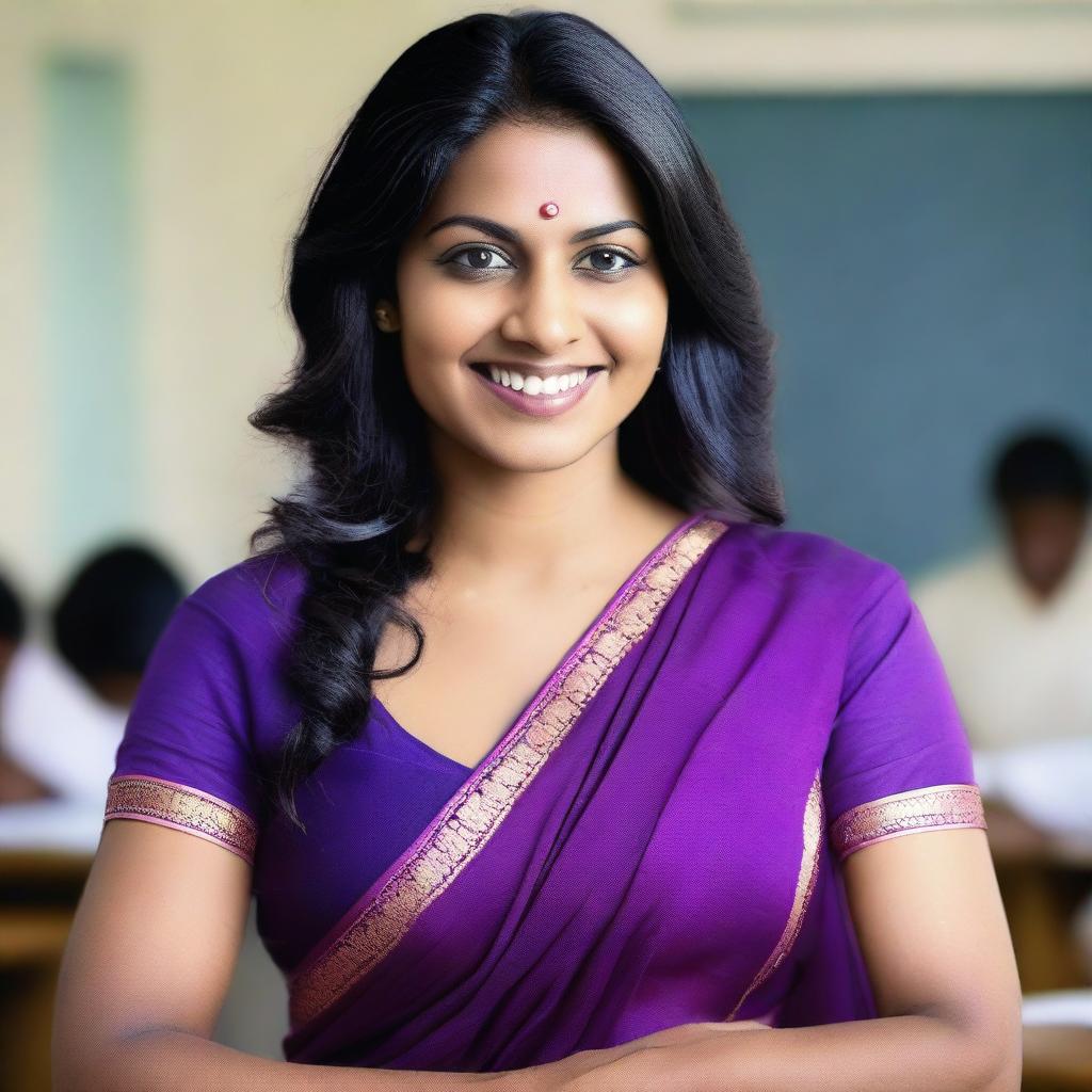 A 30-year-old Indian woman with brown skin, wearing a violet sari and a deep cut blouse that reveals her navel