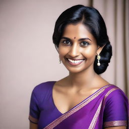 An Indian woman, age 30, with brown skin, wearing a deep cut blouse and a violet sari