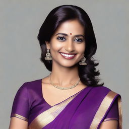 An Indian woman, age 30, with brown skin, wearing a deep cut blouse and a violet sari