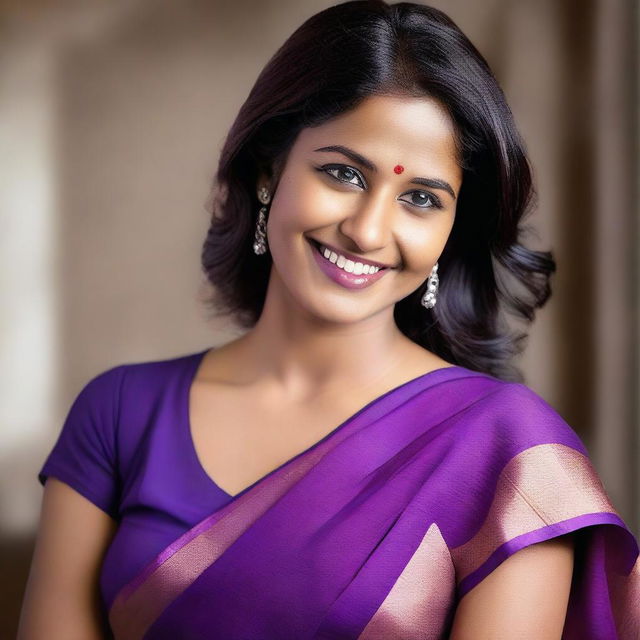 An Indian woman, age 30, with brown skin, wearing a deep cut blouse and a violet sari