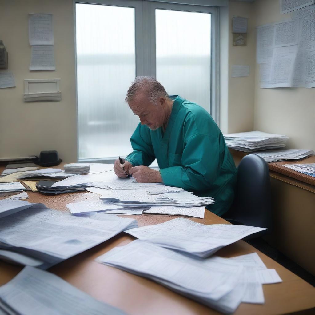 A man in medical scrubs is diligently working in an office during a hurricane