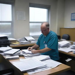 A man in medical scrubs is diligently working in an office during a hurricane