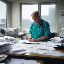 A man in medical scrubs is diligently working in an office during a hurricane