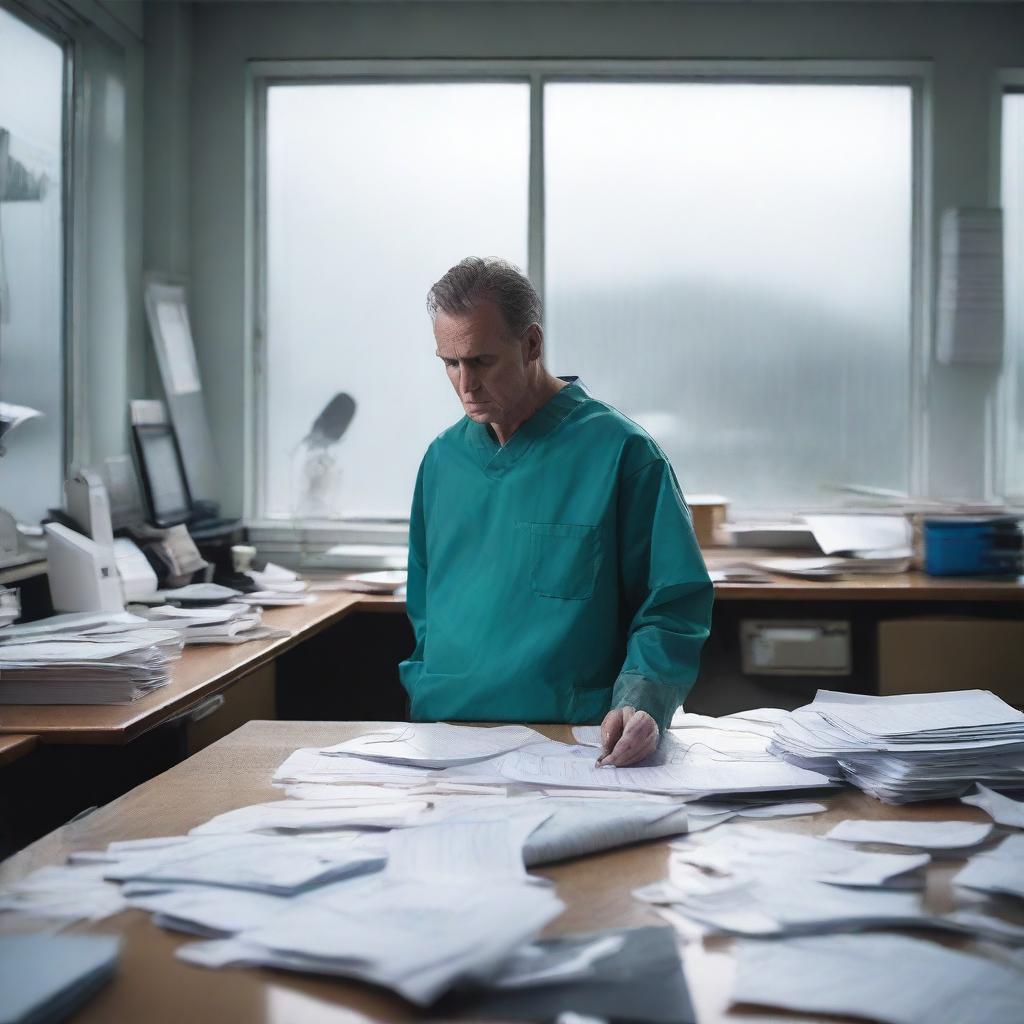 A man in medical scrubs is diligently working in an office during a hurricane