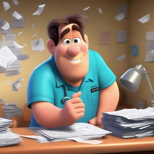 A Pixar-style animated scene of a man in scrubs working diligently in an office while a hurricane wreaks havoc inside