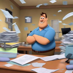 A Pixar-style animated scene of a man in scrubs working diligently in an office while a hurricane wreaks havoc inside