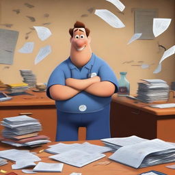 A Pixar-style animated scene of a man in scrubs working diligently in an office while a hurricane wreaks havoc inside