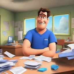 A Pixar-style animated scene of a man in scrubs working diligently in an office while a hurricane wreaks havoc inside