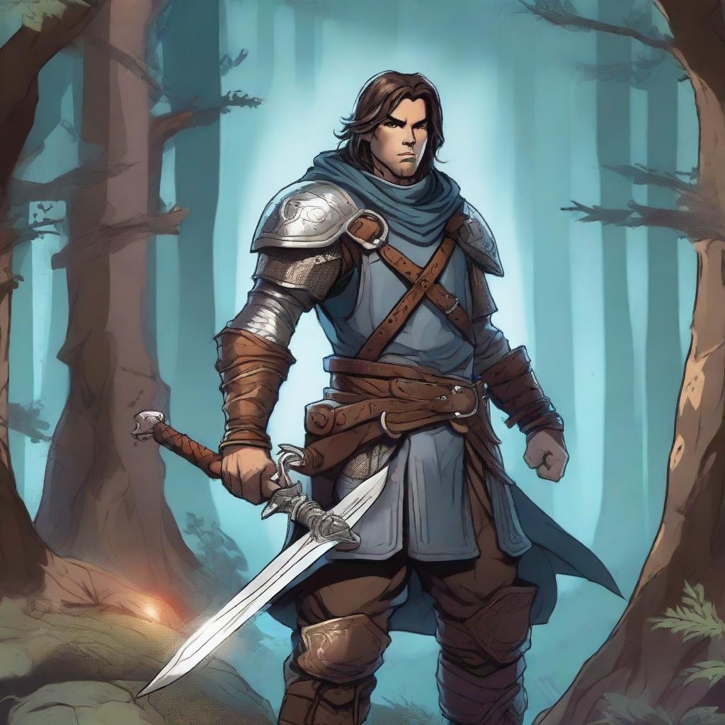 A detailed illustration of a Dungeons & Dragons character, featuring a brave adventurer with a sword and shield, standing in a mystical forest with glowing magical runes