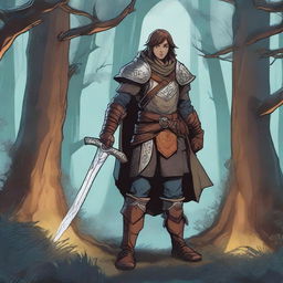 A detailed illustration of a Dungeons & Dragons character, featuring a brave adventurer with a sword and shield, standing in a mystical forest with glowing magical runes