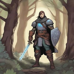 A detailed illustration of a Dungeons & Dragons character, featuring a brave adventurer with a sword and shield, standing in a mystical forest with glowing magical runes