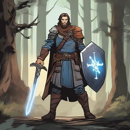 A detailed illustration of a Dungeons & Dragons character, featuring a brave adventurer with a sword and shield, standing in a mystical forest with glowing magical runes