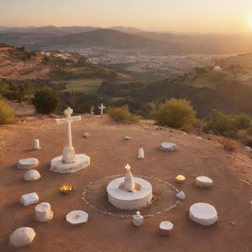 A picturesque landscape featuring diverse religious symbols in harmony, illuminated by the glow of a setting sun.