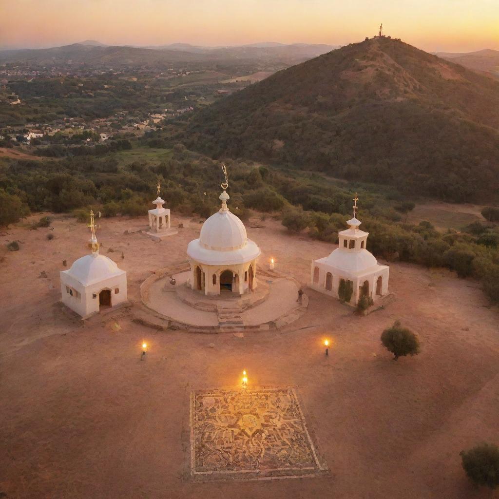 A picturesque landscape featuring diverse religious symbols in harmony, illuminated by the glow of a setting sun.