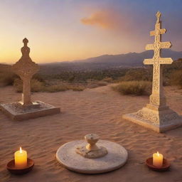 A picturesque landscape featuring diverse religious symbols in harmony, illuminated by the glow of a setting sun.