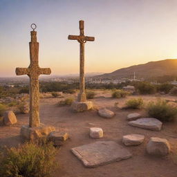 A picturesque landscape featuring diverse religious symbols in harmony, illuminated by the glow of a setting sun.