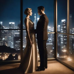 A couple standing on a balcony of a high-rise building, looking out over a glamorous cityscape