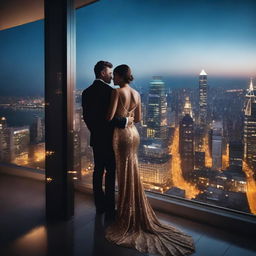 A couple standing on a balcony of a high-rise building, looking out over a glamorous cityscape