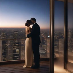 A couple standing on a balcony of a high-rise building, looking out over a glamorous cityscape