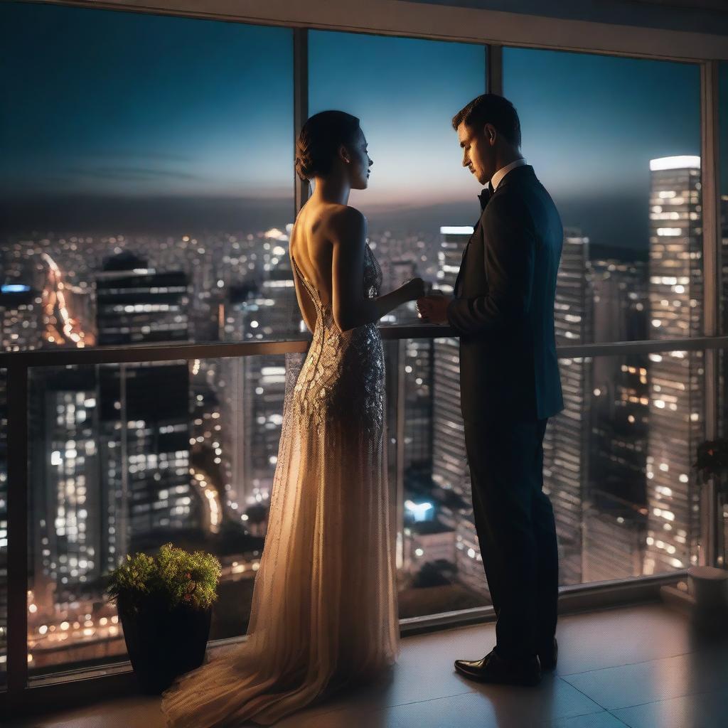 A couple standing on a balcony of a high-rise building, looking out over a glamorous cityscape