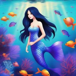 A beautiful mermaid with fair skin, long black hair, and a shimmering purple tail swimming gracefully in the ocean