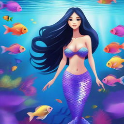 A beautiful mermaid with fair skin, long black hair, and a shimmering purple tail swimming gracefully in the ocean