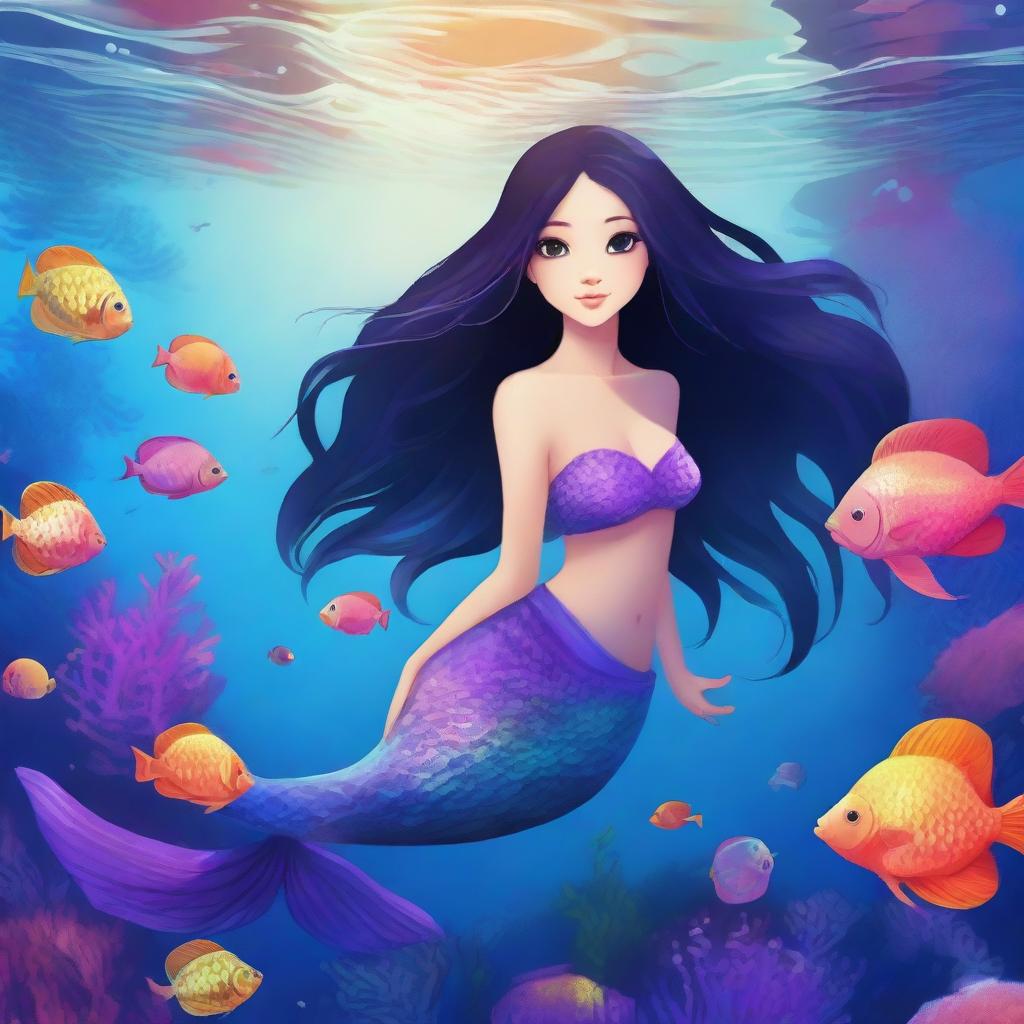 A beautiful mermaid with fair skin, long black hair, and a shimmering purple tail swimming gracefully in the ocean