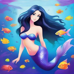 A beautiful mermaid with fair skin, long black hair, and a shimmering purple tail swimming gracefully in the ocean