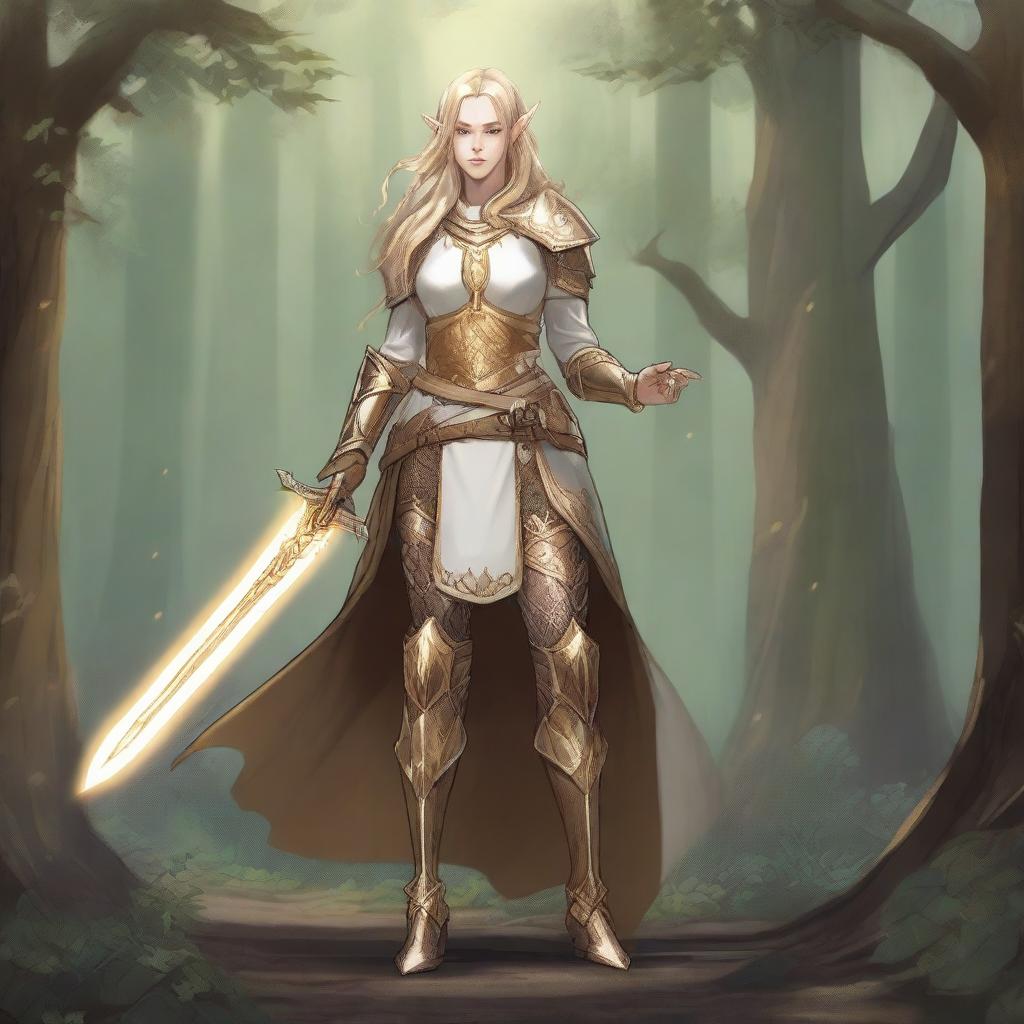 A detailed illustration of a Dungeons & Dragons character, featuring a feminine elf with long blonde hair, wearing cleric armor in gold and white