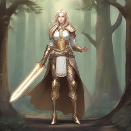 A detailed illustration of a Dungeons & Dragons character, featuring a feminine elf with long blonde hair, wearing cleric armor in gold and white