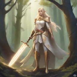 A detailed illustration of a Dungeons & Dragons character, featuring a feminine elf with long blonde hair, wearing cleric armor in gold and white