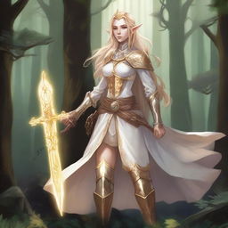 A detailed illustration of a Dungeons & Dragons character, featuring a feminine elf with long blonde hair, wearing cleric armor in gold and white